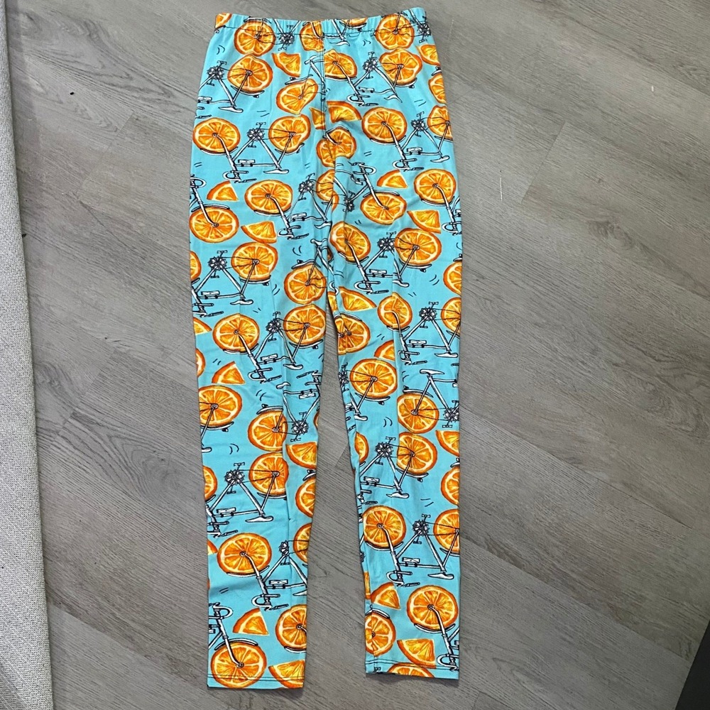 Leggings Womens OS Blue Orange Slice Bicycle Print High Waisted Stretch